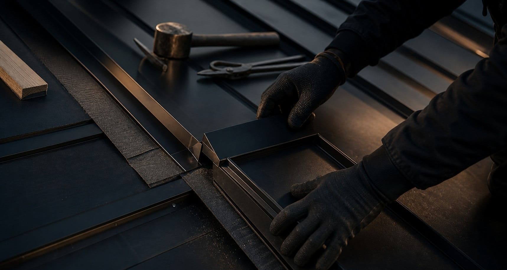 Premium roofing craftsmanship with tools and roof material detail