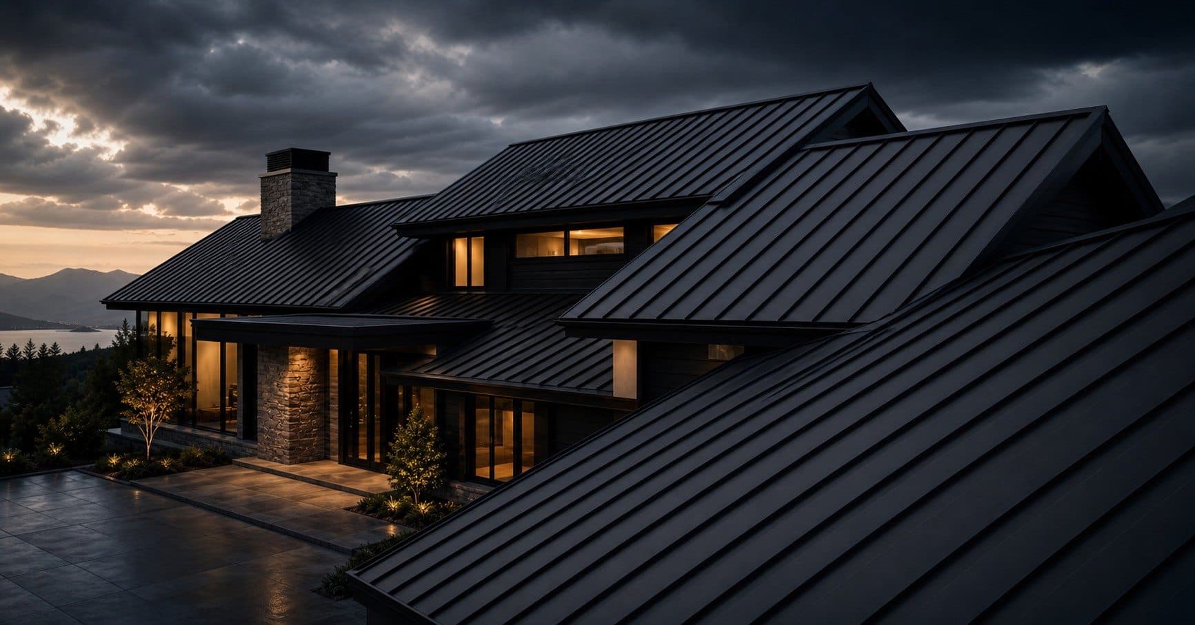 Modern luxury home with a black architectural roof at night